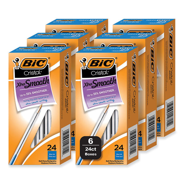 BIC® Cristal Xtra Smooth Ballpoint Pen, Stick, Medium 1 mm, Blue Ink, Clear Barrel, 24/Box, 6 Boxes/Pack (BICMS144EBLU)