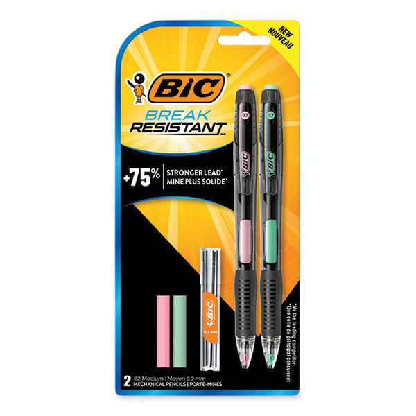 BIC® Break-Resistant Mechanical Pencils with Erasers, 0.7 mm, HB (#2), Black Lead, Assorted Barrel Colors, 2/Pack (BICMV7PRP2BLK)