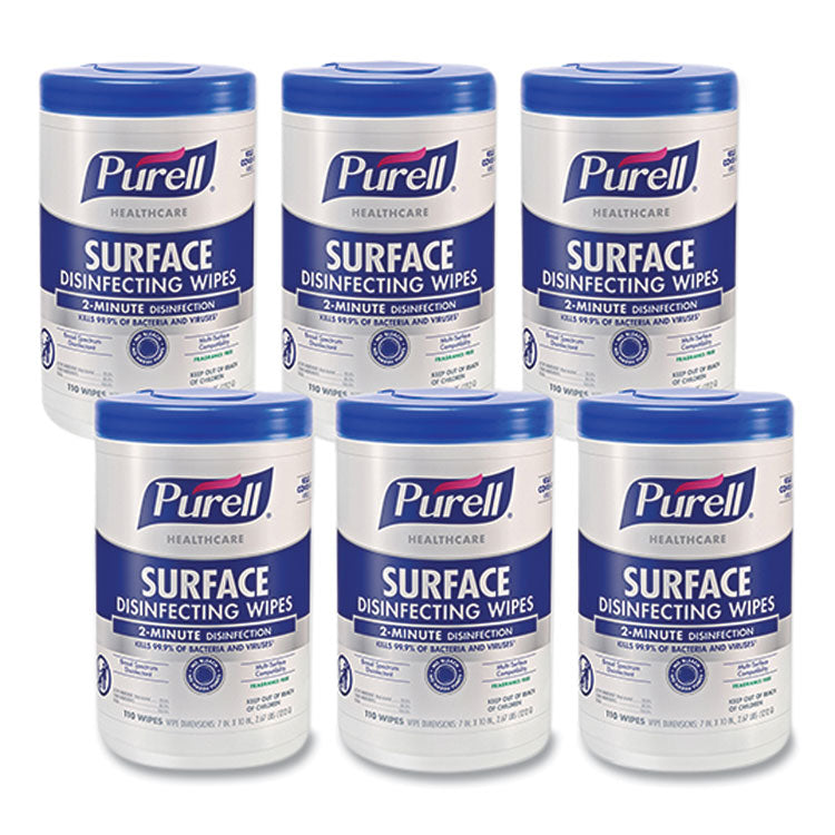 PURELL® Healthcare Surface Disinfecting Wipes, 1-Ply, 7" x 10", Unscented, White, 110 Wipes/Canister, 6 Canisters/Carton (GOJ934006)