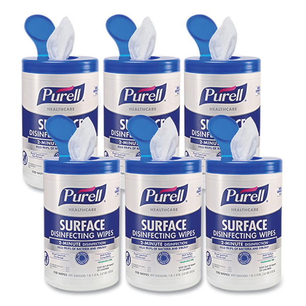 PURELL® Healthcare Surface Disinfecting Wipes, 1-Ply, 7" x 10", Unscented, White, 110 Wipes/Canister, 6 Canisters/Carton (GOJ934006)