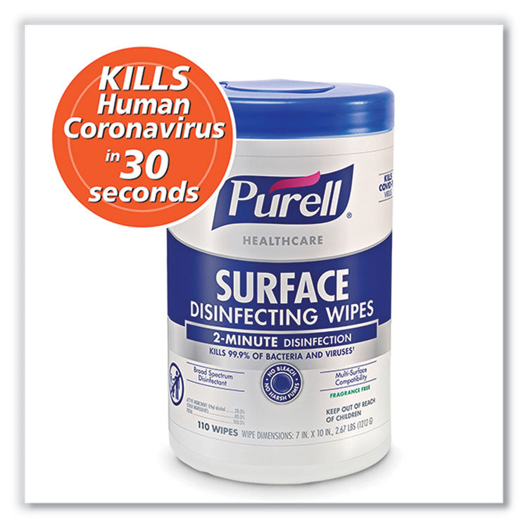 PURELL® Healthcare Surface Disinfecting Wipes, 1-Ply, 7" x 10", Unscented, White, 110 Wipes/Canister, 6 Canisters/Carton (GOJ934006)