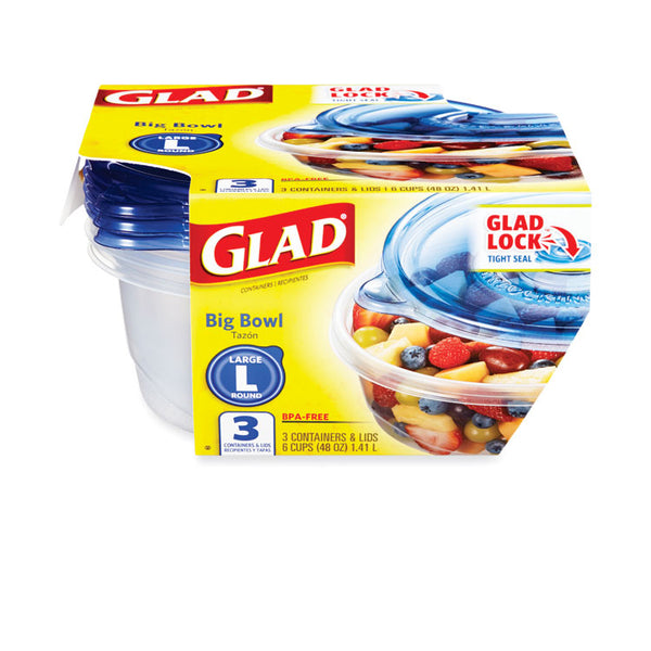 Glad® Big Bowl Food Storage Containers with Lids, 48 oz, Clear/Blue, Plastic, 3/Box (CLO70111)