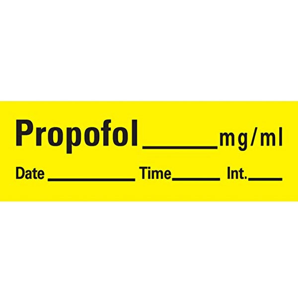 Barkley® Drug Label Anesthesia Label Tape Propofol_mg/mL Date_Time_Int_ Yellow 1/2 X 1-1/2 Inch (537616_RL) 1/RL