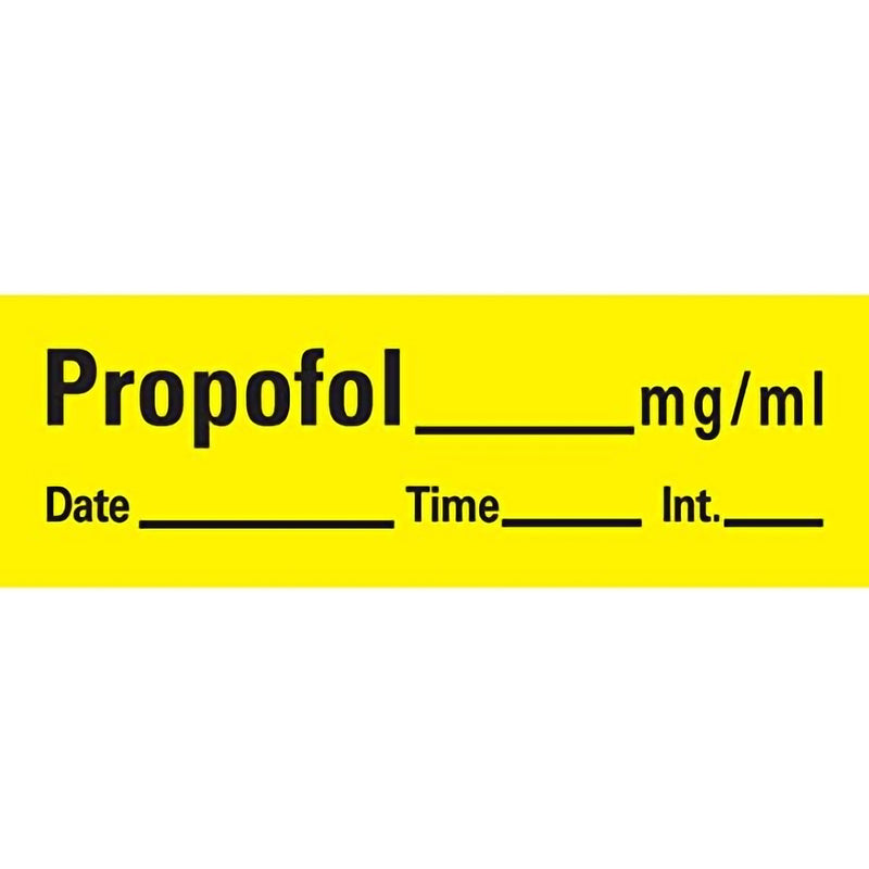 Barkley® Drug Label Anesthesia Label Tape Propofol_mg/mL Date_Time_Int_ Yellow 1/2 X 1-1/2 Inch (537616_RL) 1/RL