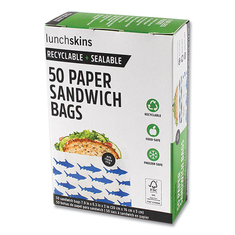 lunchskins Peel and Seal Sandwich Bag with Closure Strip, 6.3 x 2 x 7.9, White with Blue Shark, 50/Box (LCH854735005904)