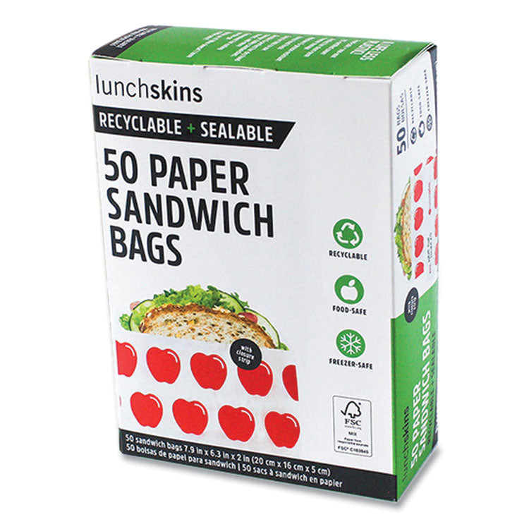 lunchskins Peel and Seal Sandwich Bag with Closure Strip, 6.3 x 2 x 7.9, White with Red Apple, 50/Box (LCH854735005911) Box of 50