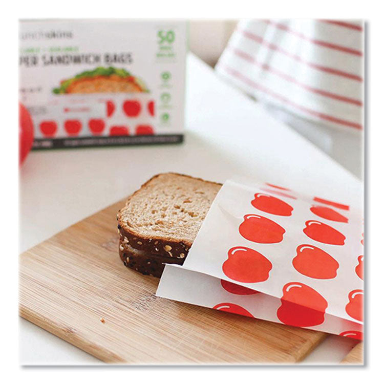 lunchskins Peel and Seal Sandwich Bag with Closure Strip, 6.3 x 2 x 7.9, White with Red Apple, 50/Box (LCH854735005911)