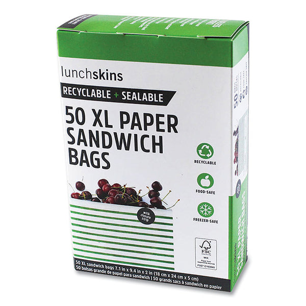 lunchskins Paper Sandwich Bag, 7.1 x 2 x 9.4, White with Green Stripes, 50/Box (LCH865772000494)