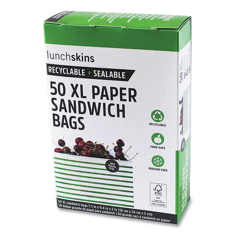 lunchskins Paper Sandwich Bag, 7.1 x 2 x 9.4, White with Green Stripes, 50/Box (LCH865772000494) Box of 50