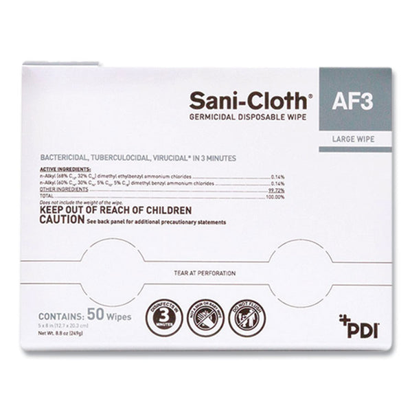 Sani Professional® Sani-Cloth AF3 Germicidal Disposable Wipes, Large, 1-Ply, 8" x 5", Unscented, White, 50/Pack, 10 Packs/Carton (PDIH59200)