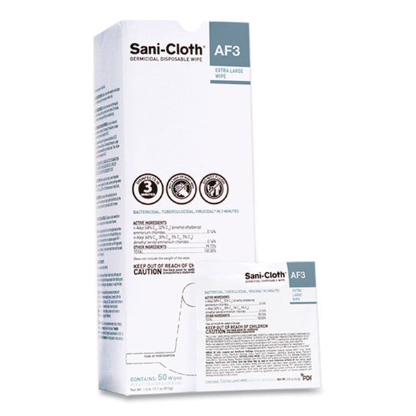 Sani Professional® Sani-Cloth AF3 Individually Wrapped Germicidal Disposable Wipes, X-Large, 1-Ply, 11.75" x 11.5", Unscented, White, 50/Box (PDIU27500)