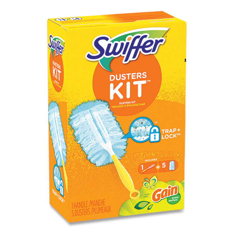 Swiffer® Dusters Starter Kit, Dust Lock Fiber, 6" Handle, Blue/Yellow, Gain Scent (PGC74330)