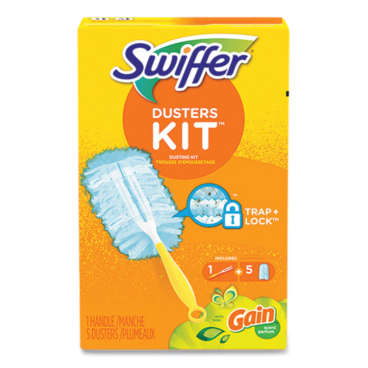 Swiffer® Dusters Starter Kit, Dust Lock Fiber, 6" Handle, Blue/Yellow, Gain Scent (PGC74330)