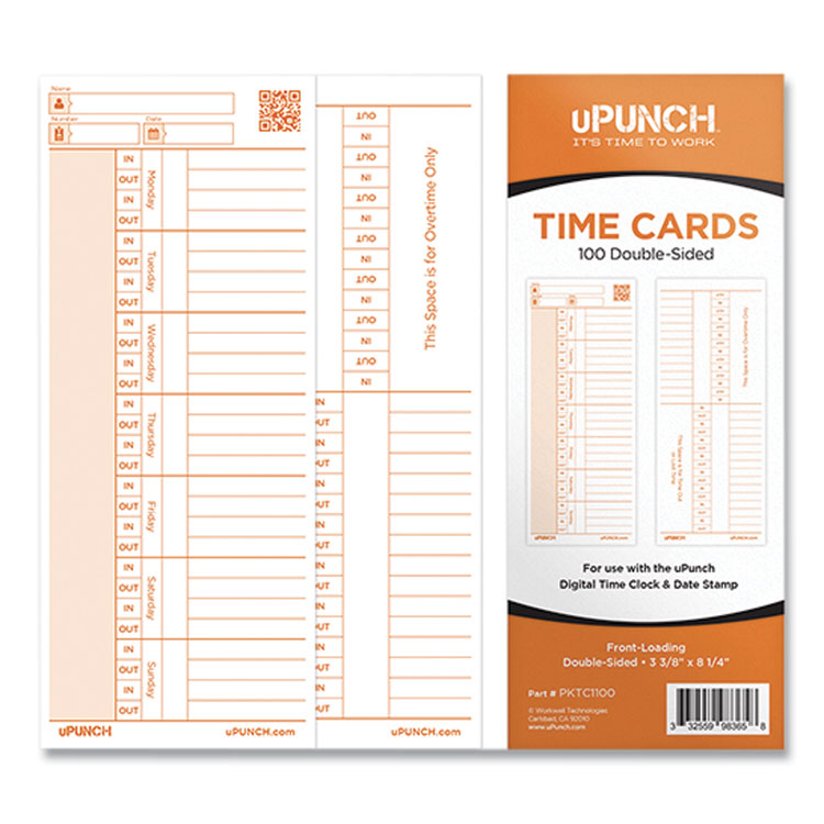 uPunch™ Time Card for PK1100 Time Clock, Two Sides, 3.38 x 8.25, 100/Pack (PPZC1100) Pack of 100