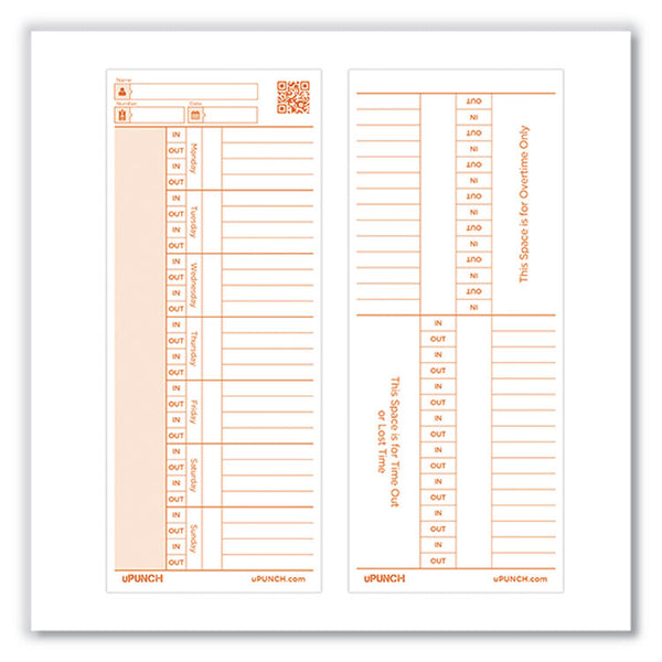 uPunch™ Time Card for PK1100 Time Clock, Two Sides, 3.38 x 8.25, 100/Pack (PPZC1100) Pack of 100