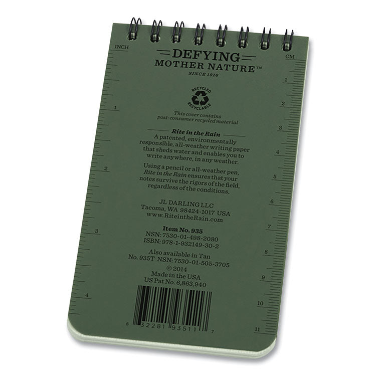 Rite in the Rain® All-Weather Wire-O Notepad, Universal: Narrow Rule and Quadrille Rule, Dark Green Cover, 50 White 3 x 5 Sheets (RIR935)