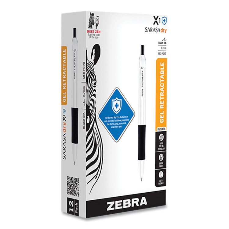 Zebra® Sarasa Dry X1+ Retractable Gel Pen, Medium 0.7 mm, Black Ink, White/Black Barrel, 12/Pack (ZEB41510) Dozen