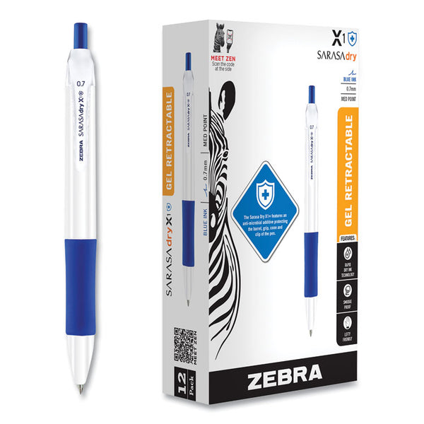 Zebra® Sarasa Dry X1+ Retractable Gel Pen, Medium 0.7 mm, Blue Ink, White/Blue Barrel, 12/Pack (ZEB41520) Dozen