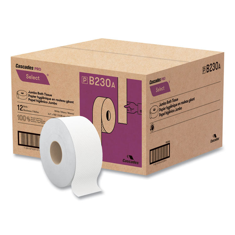 Cascades PRO Select Jumbo Bath Tissue, Septic Safe, 2-Ply, White, 3.3" x 750 ft, 12/Carton (CSDB230)