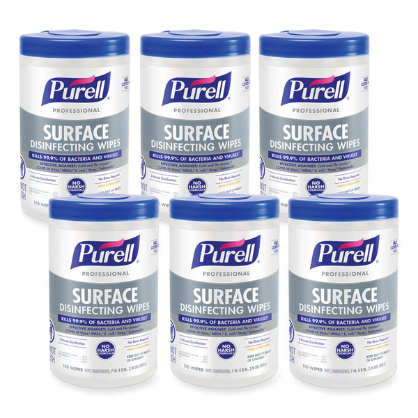 PURELL® Professional Surface Disinfecting Wipes, 1-Ply, 7 x 8, Fresh Citrus, White, 110/Canister, 6 Canisters/Carton (GOJ934206CT)