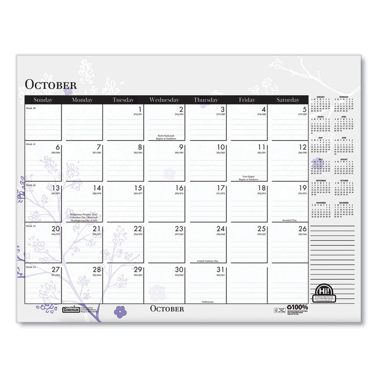 House of Doolittle™ Recycled Desk Pad Calendar, Wild Flowers Artwork, 22 x 17, White Sheets, Black Binding/Corners,12-Month (Jan-Dec): 2026 (HOD197) Each