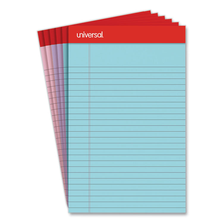 Universal® Perforated Ruled Writing Pads, Narrow Rule, Red Headband, 50 Assorted Pastels 5 x 8 Sheets, 6/Pack (UNV63016) Pack of 6