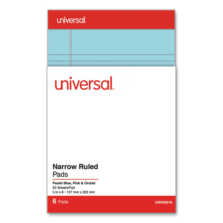 Universal® Perforated Ruled Writing Pads, Narrow Rule, Red Headband, 50 Assorted Pastels 5 x 8 Sheets, 6/Pack (UNV63016)