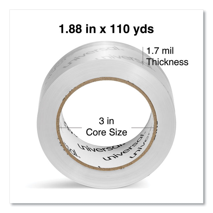 Universal® Deluxe General-Purpose Acrylic Box Sealing Tape, 3" Core, 1.88" x 109 yds, Clear, 12/Pack (UNV66100)