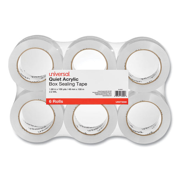 Universal® Quiet Tape Box Sealing Tape, 3" Core, 1.88" x 109 yds, Clear, 6/Pack (UNV73000)