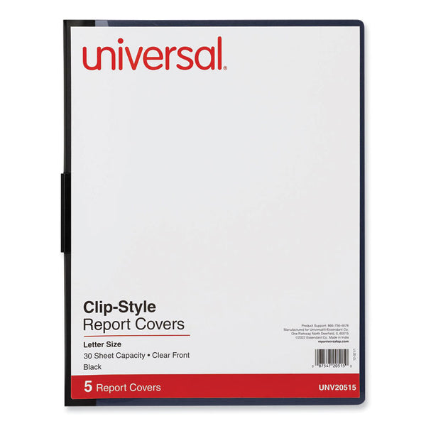 Universal® Clip-Style Report Cover, Clip Fastener, 8.5 x 11, Clear/Black, 5/Pack (UNV20515)