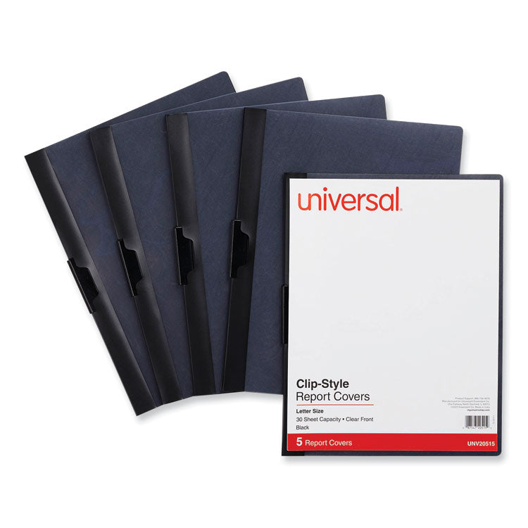 Universal® Clip-Style Report Cover, Clip Fastener, 8.5 x 11, Clear/Black, 5/Pack (UNV20515)