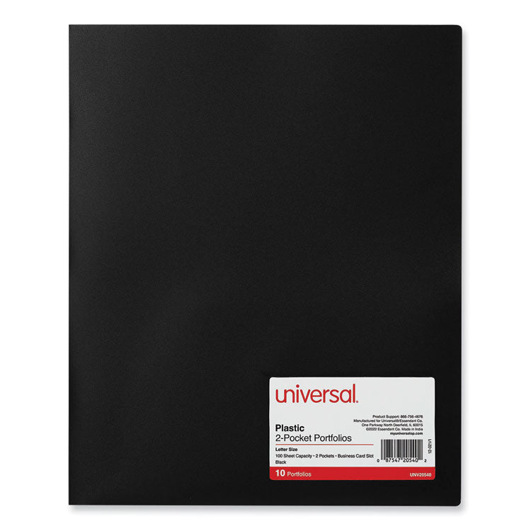 Universal® Two-Pocket Plastic Folders, 100-Sheet Capacity, 11 x 8.5, Black, 10/Pack (UNV20540)