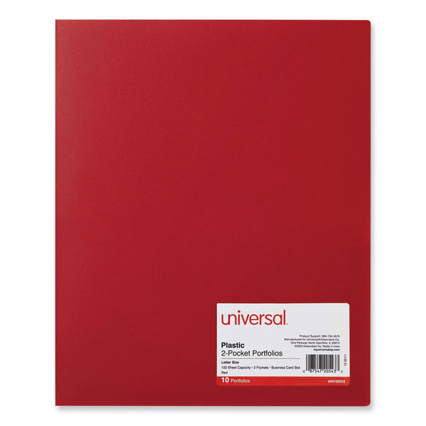 Universal® Two-Pocket Plastic Folders, 100-Sheet Capacity, 11 x 8.5, Red, 10/Pack (UNV20543)