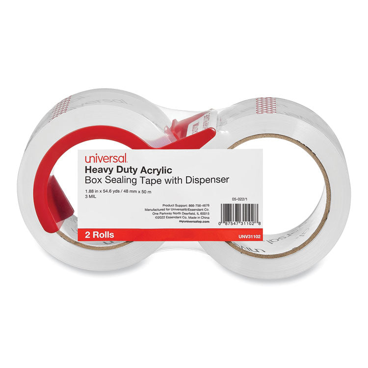 Universal® Heavy-Duty Acrylic Box Sealing Tape with Dispenser, 3" Core, 1.88" x 54.6 yds, Clear, 2/Pack (UNV31102)