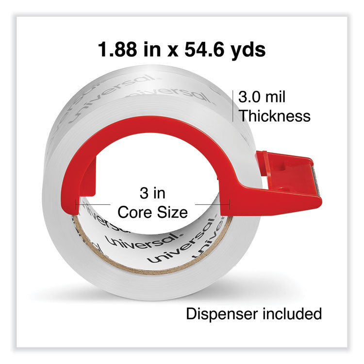 Universal® Heavy-Duty Acrylic Box Sealing Tape with Dispenser, 3" Core, 1.88" x 54.6 yds, Clear, 2/Pack (UNV31102)