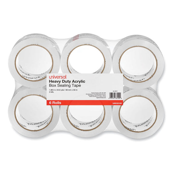 Universal® Heavy-Duty Acrylic Box Sealing Tape, 3" Core, 1.88" x 54.6 yds, Clear, 6/Pack (UNV33100)