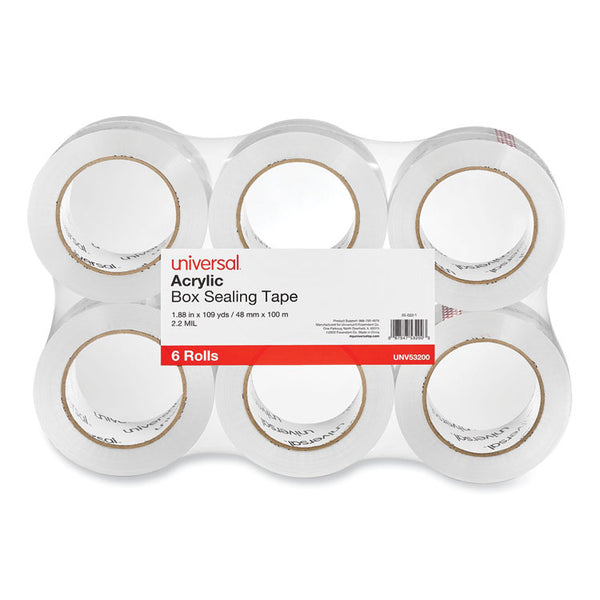 Universal® Deluxe General-Purpose Acrylic Box Sealing Tape, 2 mil, 3" Core, 1.88" x 109 yds, Clear, 6/Pack (UNV53200)