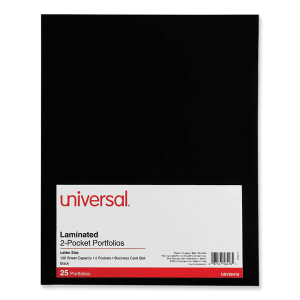 Universal® Laminated Two-Pocket Folder, Cardboard Paper, 100-Sheet Capacity, 11 x 8.5, Black, 25/Box (UNV56416)