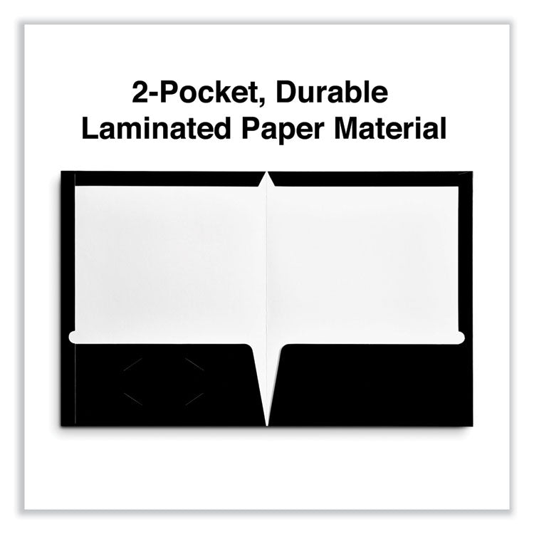 Universal® Laminated Two-Pocket Folder, Cardboard Paper, 100-Sheet Capacity, 11 x 8.5, Black, 25/Box (UNV56416)