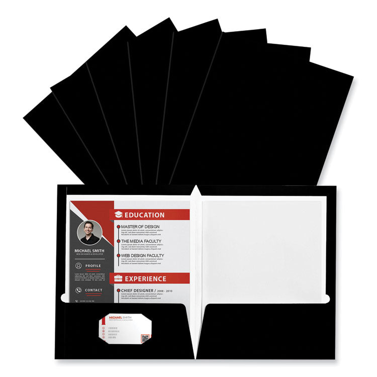 Universal® Laminated Two-Pocket Folder, Cardboard Paper, 100-Sheet Capacity, 11 x 8.5, Black, 25/Box (UNV56416)