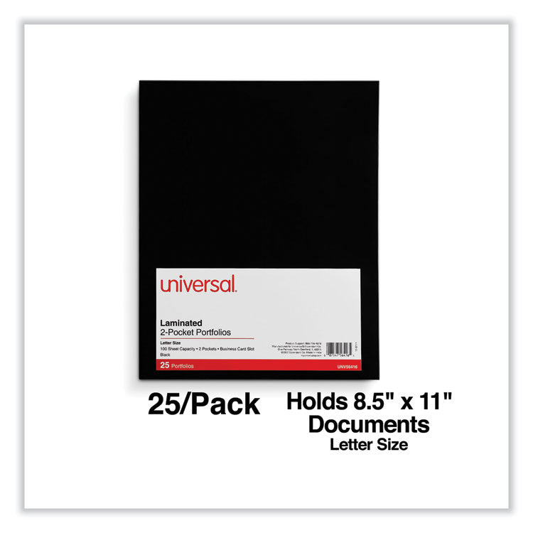 Universal® Laminated Two-Pocket Folder, Cardboard Paper, 100-Sheet Capacity, 11 x 8.5, Black, 25/Box (UNV56416)