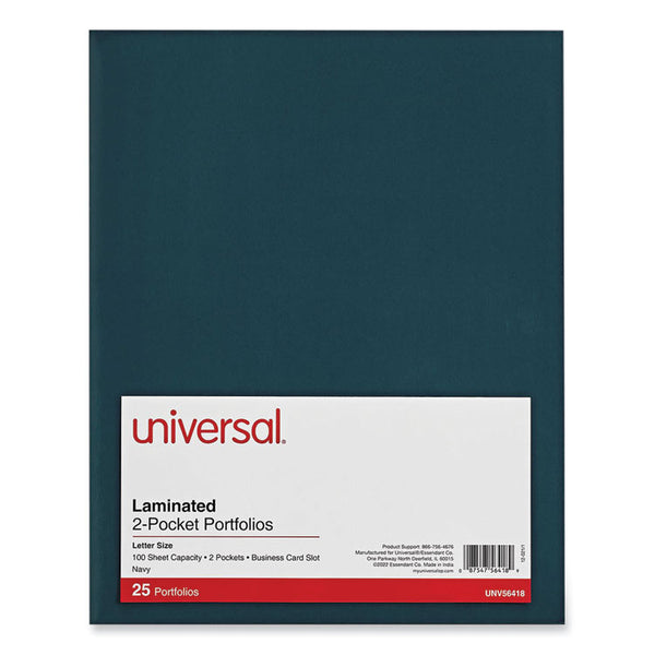 Universal® Laminated Two-Pocket Folder, Cardboard Paper, 100-Sheet Capacity, 11 x 8.5, Navy, 25/Box (UNV56418)