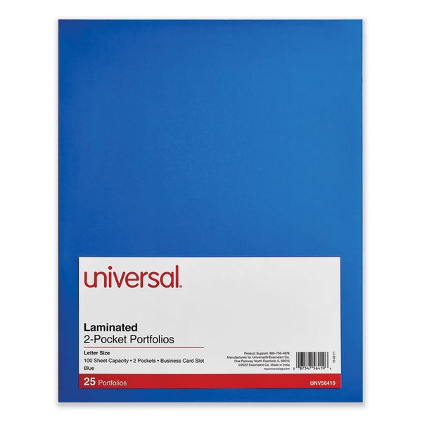 Universal® Laminated Two-Pocket Folder, Cardboard Paper, 100-Sheet Capacity, 11 x 8.5, Blue, 25/Box (UNV56419)