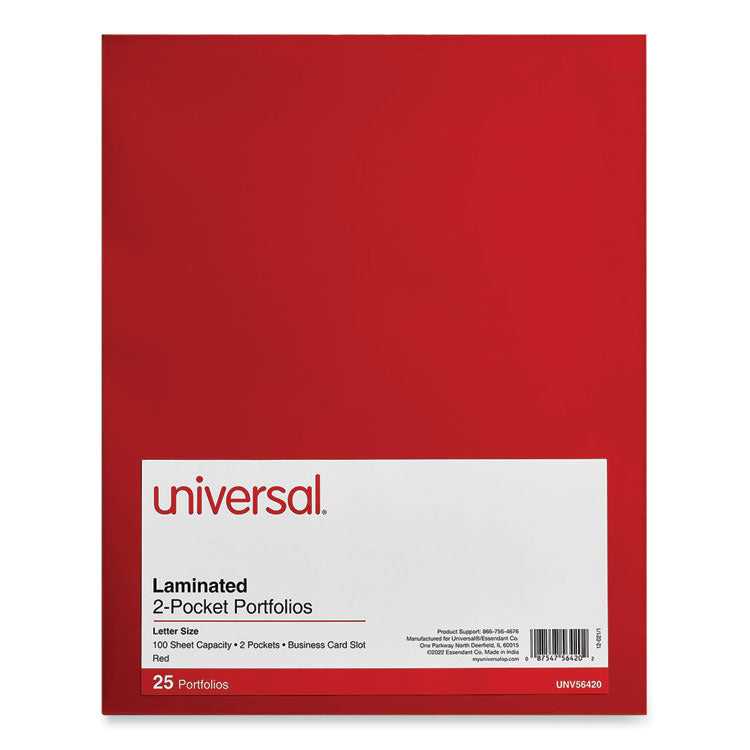 Universal® Laminated Two-Pocket Folder, Cardboard Paper, 100-Sheet Capacity, 11 x 8.5, Red, 25/Box (UNV56420)