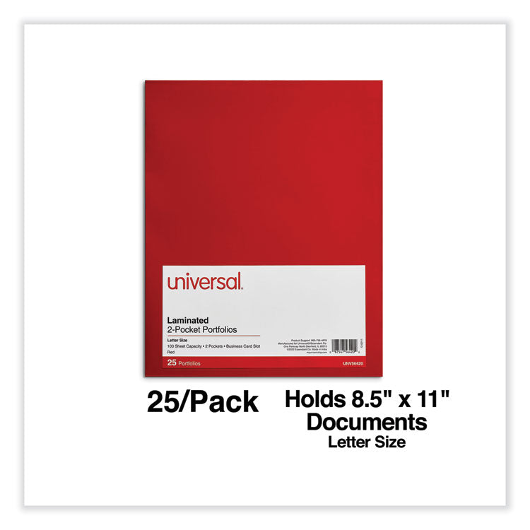 Universal® Laminated Two-Pocket Folder, Cardboard Paper, 100-Sheet Capacity, 11 x 8.5, Red, 25/Box (UNV56420)