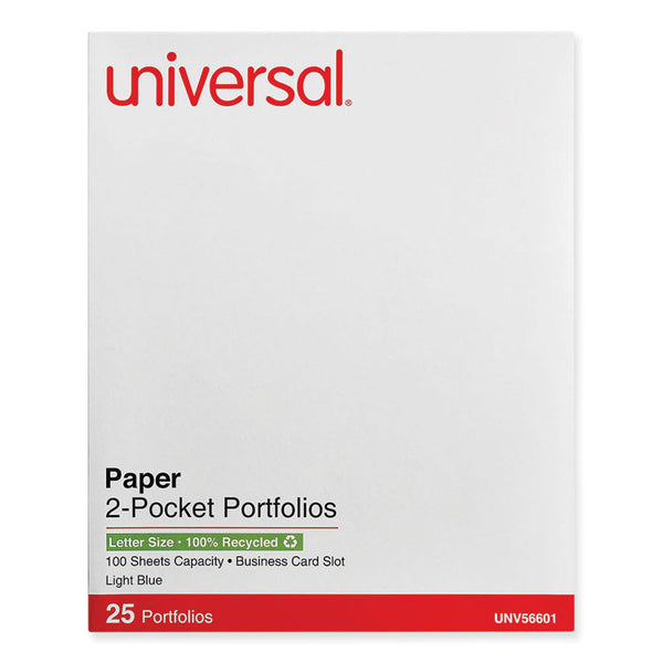 Universal® Two-Pocket Portfolio, Embossed Leather Grain Paper, 11 x 8.5, Light Blue, 25/Box (UNV56601)