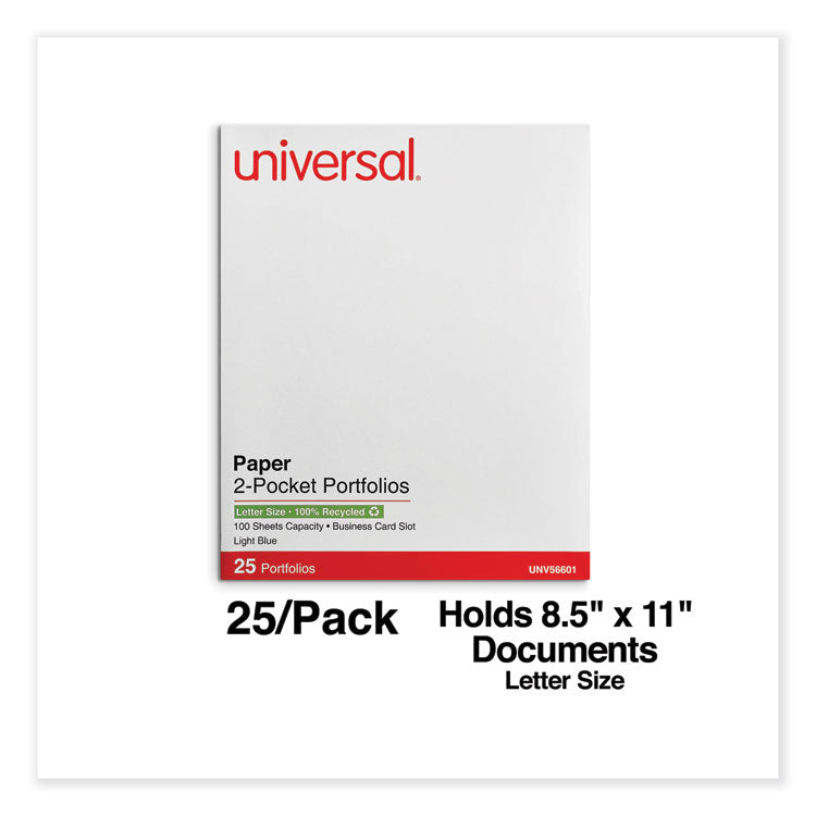 Universal® Two-Pocket Portfolio, Embossed Leather Grain Paper, 11 x 8.5, Light Blue, 25/Box (UNV56601)