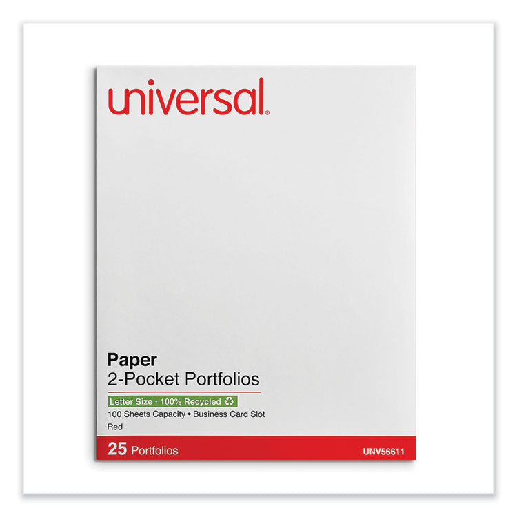 Universal® Two-Pocket Portfolio, Embossed Leather Grain Paper, 11 x 8.5, Red, 25/Box (UNV56611)