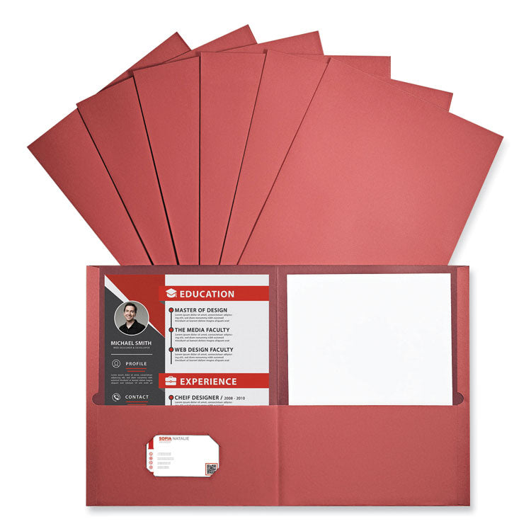 Universal® Two-Pocket Portfolio, Embossed Leather Grain Paper, 11 x 8.5, Red, 25/Box (UNV56611)