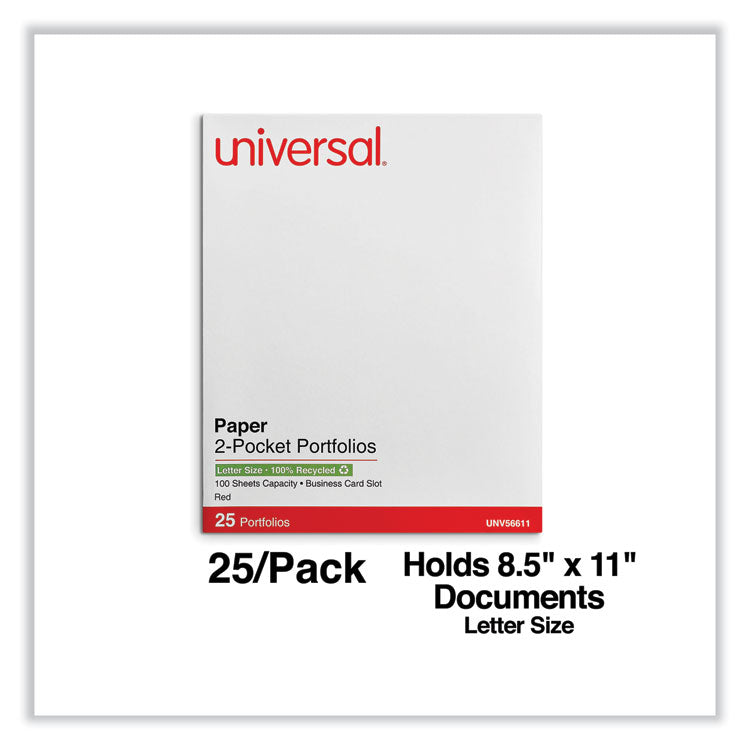 Universal® Two-Pocket Portfolio, Embossed Leather Grain Paper, 11 x 8.5, Red, 25/Box (UNV56611)